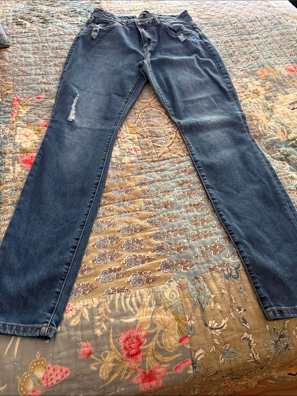 CAbi Blue Distressed Straight Jeans
